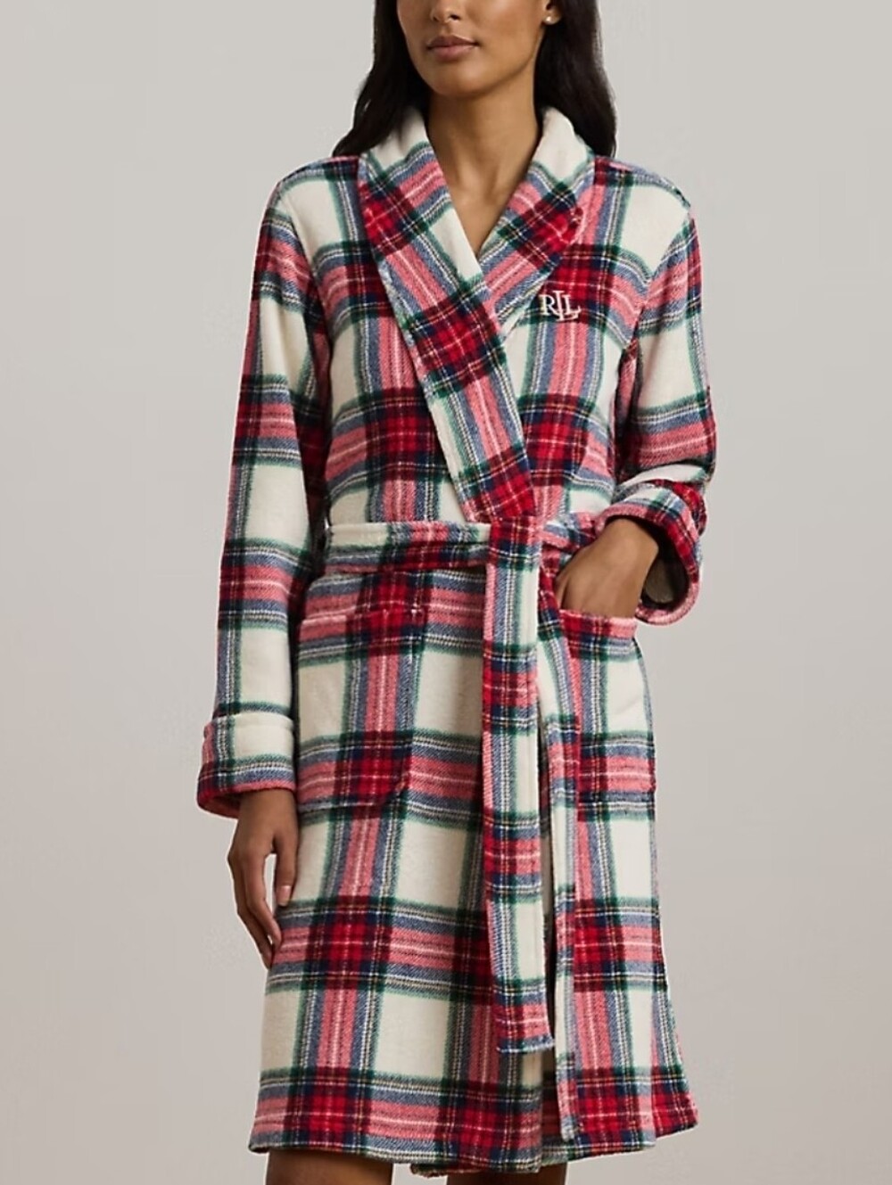 Lauren Ralph Lauren Bathrobe Womens XL Red Plaid Cozy Belted Pockets Logo